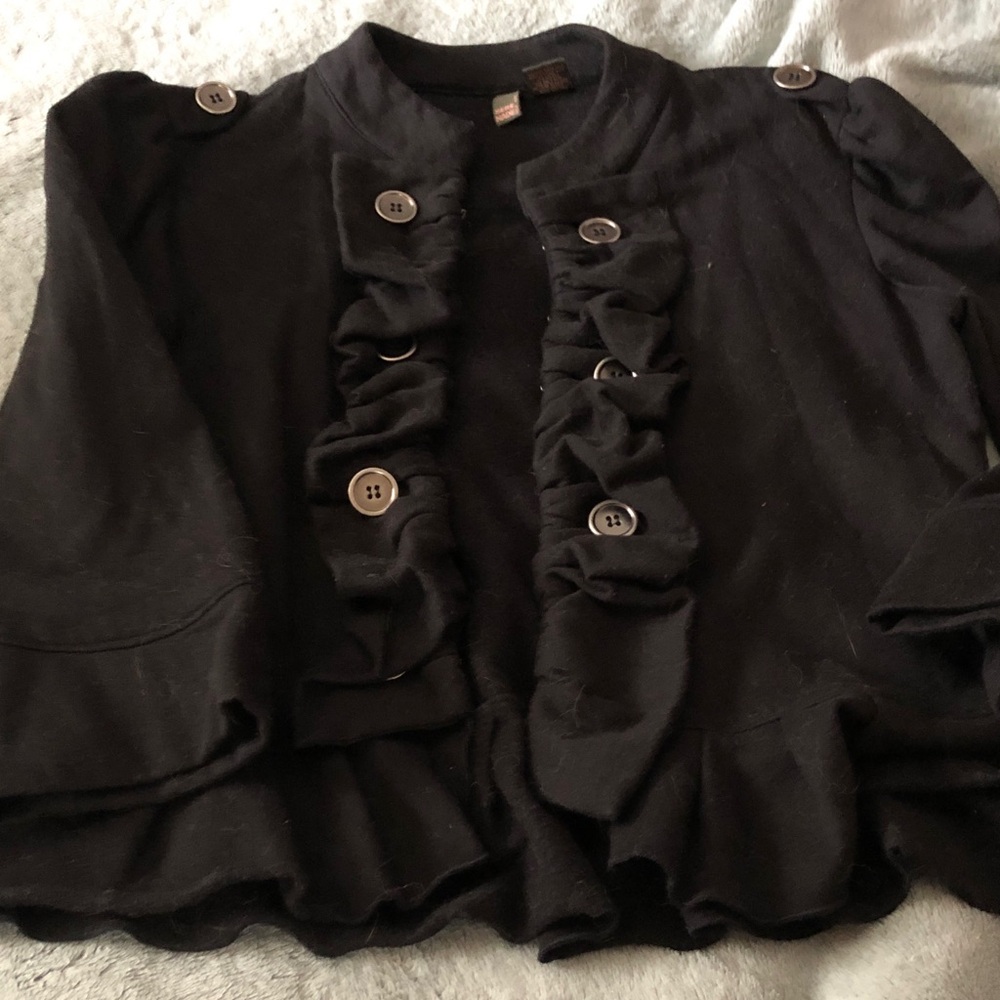 Black Ruffled Button-Up Jacket - Picture 2 of 9